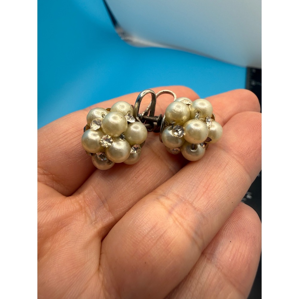 Vintage Faux Pearl‎ Cluster Screw Back Earrings Silver Tone Mid Century